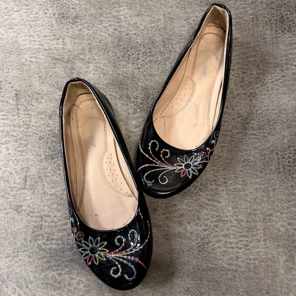 Black Patent Colorful Floral Embroidered Flats